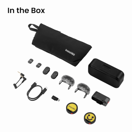 Insta360 Mic Pro (2 TX + 1 RX) - bezprzewodowy zestaw audio, 2x mikrofon z wyświetlaczem (odbiornik USB-C + 3.5mm TRS, 32-bit float, 48kHz) - zawartość